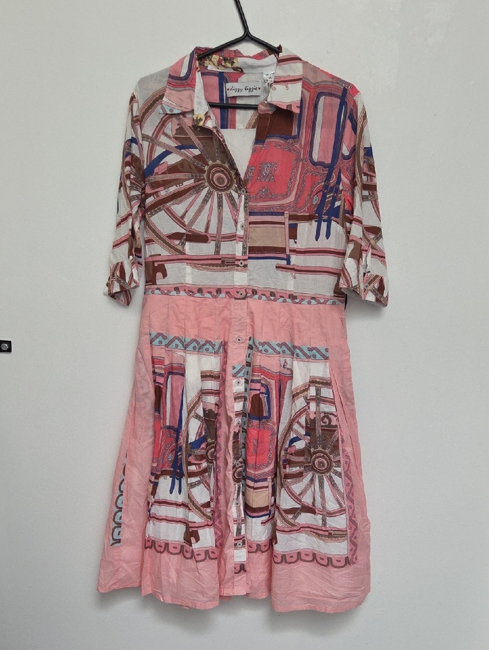 Dizxy Lizzie Wheel Patterned Button-Front Flared Summer Riviera  Sz L Midi Dress
